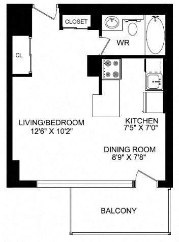 Floor plan for studio, 1 bath, 427 sqft